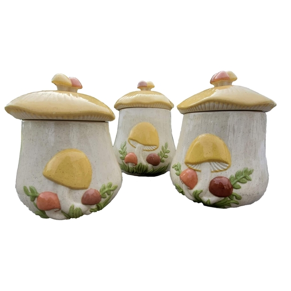 Vintage 70s Mushroom Hand Painted Ceramic Jar Set - Picture 2 of 7